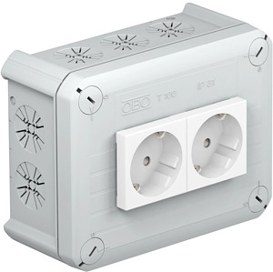 Kabelabzweigkasten mit 2 Schuko Ste ckdosen 33° ws 150x116x67, PP, lichtgrau