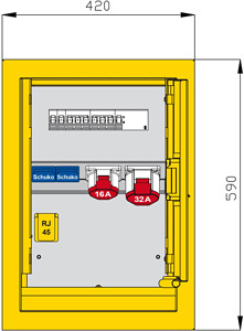 Unterputzverteiler aus Edelstahl mi t einem RCD TypA, 2 CEE-Abgängen 16