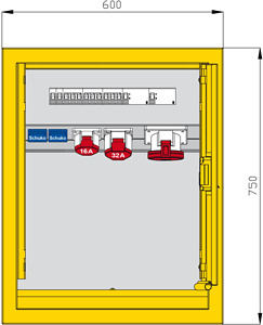 Unterputzverteiler aus Edelstahl mi t 2 RCD TypA, 3 CEE-Abgängen 16-63A