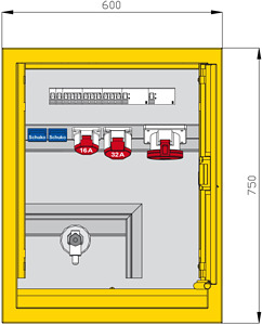 Unterputzverteiler aus Edelstahl mi t 2 RCD TypA, 3 CEE-Abgängen 16-63A
