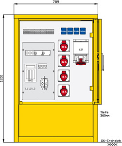 Industrie- und Marktplatzverteiler mit 2 RCDs TypA, 8 LS, 4 CEE-Abgäng