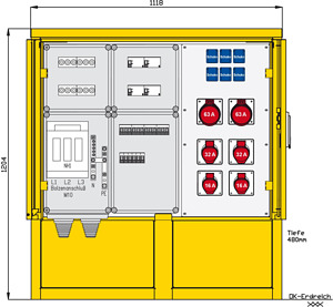 Industrie- und Marktplatzverteiler mit 4 RCDs TypA, 10 LS, 6 CEE-Abgän