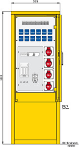 Industrie- und Marktplatzverteiler mit 2 RCDs TypA, 10 LS, 4 CEE-Abgän