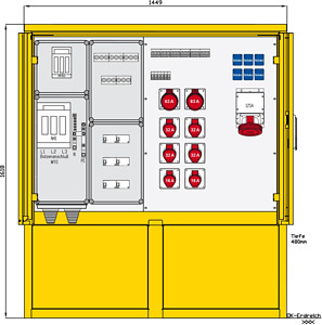 Edelstahlstromverteiler mit 6 RCDs TypA, 12 LS, 9 CEE-Abgängen 16-125A