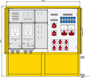 Edelstahlstromverteiler mit 8 RCDs TypA, 18 LS, 10 CEE-Abgängen 16-125