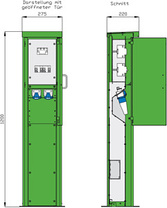 Energiesäule für Freizeitanlagen mi t 2 RCDs TypA, 2 LS und 2 CEE-Abgän