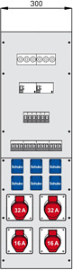 Wechselmodul 300mm breit mit 2 RCD, 4 CEE-Abgängen 16-32A und 6 Schuko