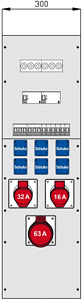 Wechselmodul 300mm breit mit 2 RCD, 3 CEE-Abgängen 16-63A und 6 Schuko
