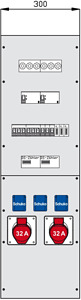 Wechselmodul 300mm breit mit 2 RCD, 2 CEE-Abgängen 16-32A und 3 Schuko