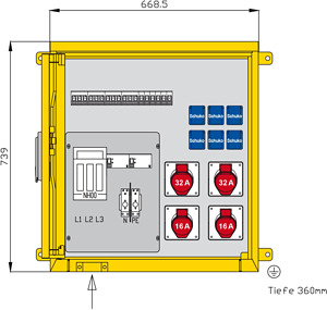Aufputzverteiler 44kVA mit 2 RCDs T ypA, 10 LS, 4 CEE-Abgängen 16-32A u
