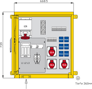 Aufputzverteiler 55kVA mit 2 RCDs T ypA, 9 LS, 4 CEE-Abgänge 16-63A und