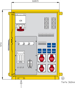Aufputzverteiler 69kVA mit 3 RCDs T ypA, 10 LS, 5 CEE-Abgängen 16-63A u