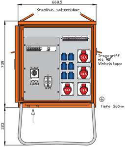 Verteilerschrank 44kVA mit RCD Typ B und RCD Typ A, 10 LS, 4 CEE-Abgän