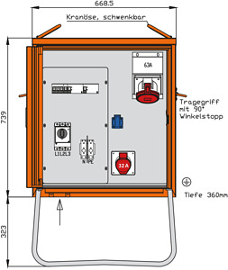Verteilerschrank 44kVA mit 2 RCDs T yp B, 1 LS, 2 CEE-Abgänge 32-63A un