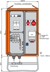 Verteilerschrank 87kVA mit 2 RCDs T yp B, 2 LS, 3 CEE-Abgänge 32-125A u